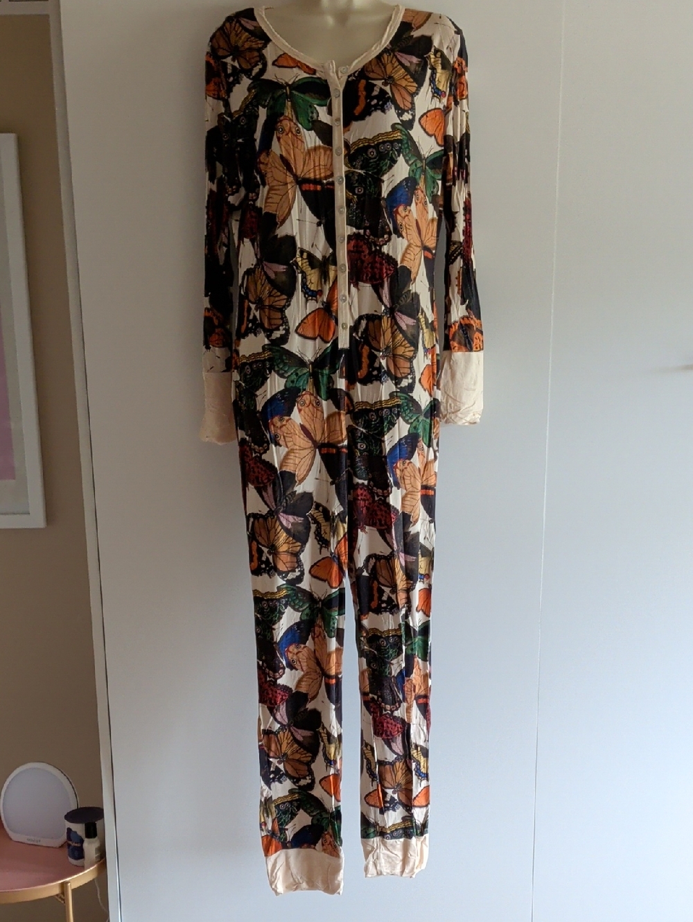 Butterfly-Print Long Sleeve Pajama Jumpsuit - Multi-Color